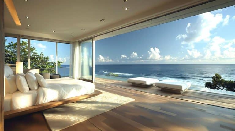 Interior de um quarto de luxo com cama branca, piso de madeira e vista panorâmica para o mar através de amplas portas de vidro