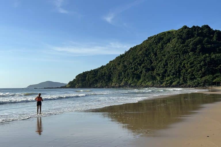 Pessoa de costas, usando chapéu e colete, em pé na beira d’água da Praia dos Amores, com pequenas ondas refletindo o céu azul e o Morro do Careca coberto pela Mata Atlântica ao fundo.